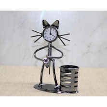 Eco Lounge Metal Saksafon Çalan Müzisyen Kedi Saat ve Kalemlik