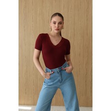 Roea Dantel Yakalı Kısa Kol Body Bordo