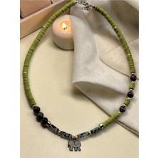 Amabel Jewelerys Yeşil Fimo, Jasper ve Akik Taşlı Fil Chramlı Kolye (Anneler Günü Bileklik Hediyeli)