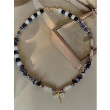 Amabel Jewelerys Ametist, Akuamarin, Kristal Kuvars Doğal Taşlı Yusufçuk Charmlı Kolye (Anneler Günü Bileklik Hediye)