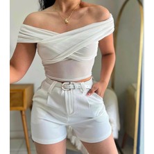 Mare Butik Omuz Detaylı Drapeli Crop Bluz S - Beyaz