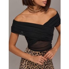 Mare Butik Omuz Detaylı Drapeli Crop Bluz S - Siyah