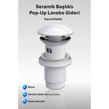 Fiorenn Elixir Seramik Pop-Up Lavabo Gideri | Taşma Delikli Parlak Beyaz | Üniversal Sızdırmaz Somunlu