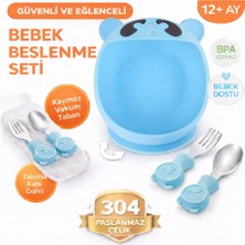 Mavi Premium Çocuk Vakumlu Silikon Beslenme Mama Kase, Paslanmaz Çelik Çatal-Kaşık /9+ Ay