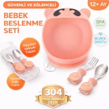 Pembe Premium Çocuk Vakumlu Silikon Beslenme Mama Kase, Paslanmaz Çelik Çatal-Kaşık /9+ Ay