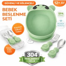 Yeşil Premium Çocuk Vakumlu Silikon Beslenme Mama Kase, Paslanmaz Çelik Çatal-Kaşık /9+ Ay