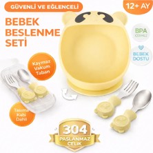 Sarı Premium Çocuk Vakumlu Silikon Beslenme Mama Kase, Paslanmaz Çelik Çatal-Kaşık /9+ Ay