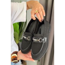 M&B COLLECT Kadın Marie Siyah Triko Metal Tokalı Kadın Loafer Günlük Makosen Ayakkabı