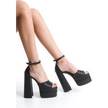 M&B COLLECT Kadın Elina Tek Bantlı Siyah Cilt 15 cm Platform Topuklu Ayakkabı