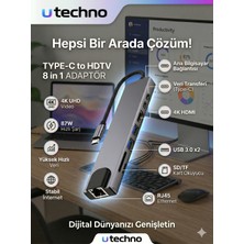 utechno 8in1 Type-C Hub Laptop & MacBook Çoklayıcı Adaptör 4K HDMI Ethernet 2x USB 2x Type-C Sd/tf 87W Pd Hızlı Şarj