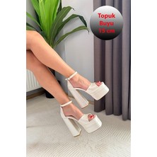 M&B COLLECT Kadın Elina Sedef Beyaz Tek Bantlı 15 cm Platform Topuklu Ayakkabı
