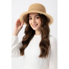 Mollycrush Kadın Camel Saçaklı Premıum Hasır Bucket – Güneş Koruyucu Yazlık Plaj Şapkası