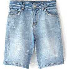 DobaKids Urban-Denim Flex Erkek Çocuk Kot Kapri Boru Paça Denim Ayarlanabilir Bel Eskitme Detaylı Mavi