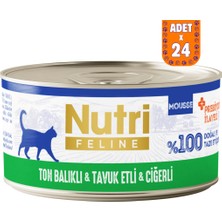 Nutri Feline Ton Balıklı Tavuk Etli ve Ciğerli Tahılsız Yetişkin Kedi Konservesi Mousse 24X70 gr