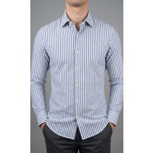 Gianco Mardini Erkek Beyaz Koyu Lacivert Çizgili Pamuklu Regular Slim Gömlek