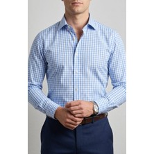 Gianco Mardini Erkek Beyaz Açık Mavi Kareli Pamuklu Regular Slim Gömlek