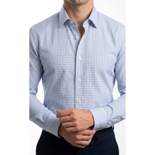 Gianco Mardini Erkek Beyaz Ince Açık Mavi Kareli Pamuklu Regular Slim Gömlek