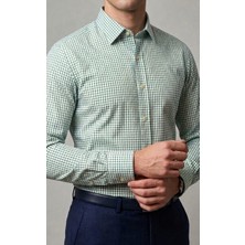 Gianco Mardini Erkek Beyaz Ince Yeşil Kareli Pamuklu Regular Slim Gömlek