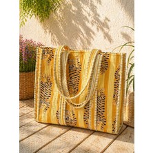 Kapitoneli Kaplan Desenli Tote Bag - Büyük Boy Print Baskı Kumaş Çanta