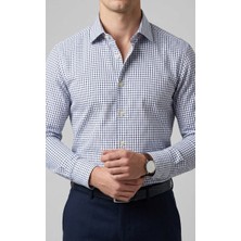 Gianco Mardini Erkek Beyaz Ince Lacivert Kareli Pamuklu Regular Slim Gömlek