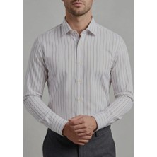 Gianco Mardini Erkek Beyaz Açık Kahverengi Çizgili Pamuklu Regular Slim Gömlek - Desenli Kumaş