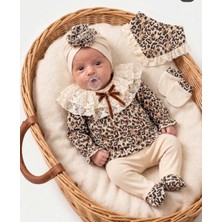 Baby Zuhu Unez Premium Leopar Desenli Bebek Takımı – Dantelli Yaka, Patikli Alt, Şık Bandana Set