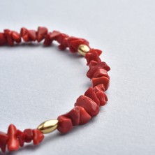 Nox Jewelry 14 Ayar Altın Kaplama Gümüş Kırmızı Mercan Doğal Taş Gümüş Bileklik - BGS00133