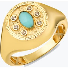 Goldium Jewellery Oval Mavi Taşlı Madalyon Yüzük