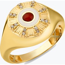 Goldium Jewellery Yuvarlak Kırmızı Taşlı Madalyon Yüzük