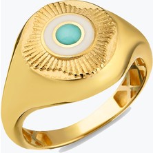 Goldium Jewellery Yuvarlak Mavi Taşlı Madalyon Yüzük