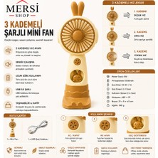 Mersi Shop Mini Şarjlı El Fanı 3 Kademeli USB Taşınabilir Sessiz Masaüstü Fan 19 cm