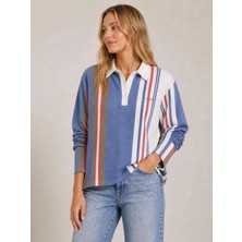 Akabi Online Kadın %100 Pamuk Polo Yaka Çizgili Uzun Kollu Sweatshirt