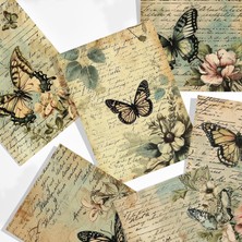 Henno Vintage Kelebekli Çiçekli El Yazısı Desenli Scrapbook Kağıdı Seti 6 Parça A6 10,5X14,8 Cm
