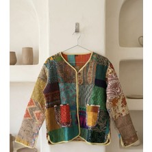 Patchwork Pamuk Kadın Ceket – Çok Renkli Kapitone Bohem Mevsimlik Ceket