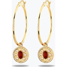 Goldium Jewellery Oval Kahve Taşlı Madalyon Uç Halka Küpe
