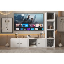 Kitaplıklı Tv Ünitesi - 3 Kapaklı ve 6 Raflı Modern Beyaz Yaşam Ünitesi NRG-TVT-1026