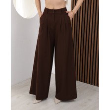 Deq Fashion Kadın Yüksek Bel Çift Pileli Palazzo Geniş Paça Kumaş Pantolon Şık Rahat Ofis Günlük