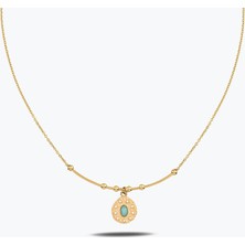 Goldium Jewellery Oval Turkuaz Taşlı Asimetrik Madalyon Uç Tel Kolye