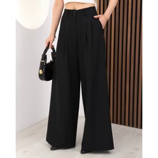 Deq Fashion Kadın Yüksek Bel Çift Pileli Palazzo Geniş Paça Kumaş Pantolon Şık Rahat Ofis Günlük