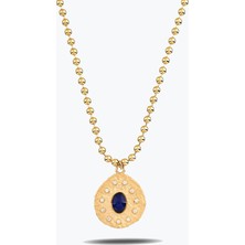 Goldium Jewellery Lacivert Oval Taşlı Madalyon Kolye