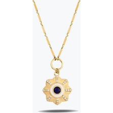 Goldium Jewellery Vintage Yuvarlak Lacivert Taşlı Çiçek Madalyon Kolye