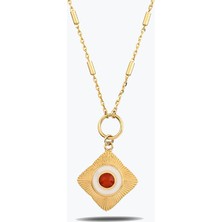 Goldium Jewellery Yuvarlak Kırmızı Taşlı Etnik Madalyon Kolye