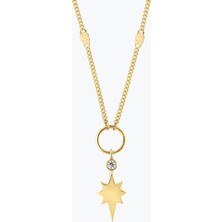 Goldium Jewellery Minimal Taşlı Kutup Yıldızı Aynalı Zincir Halkalı Kolye