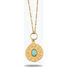 Goldium Jewellery Oval Mavi Taşlı  Asimetrik Madalyon Kolye