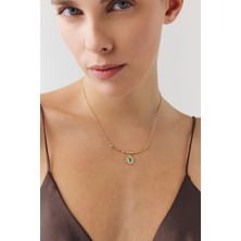 Goldium Jewellery Oval Yeşil Taşlı Asimetrik Madalyon Uçlu Tel Kolye