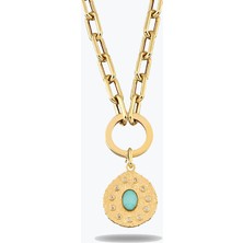 Goldium Jewellery Oval Mavi Taşlı Asimetrik Madalyon Charm Kolye