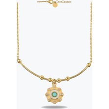 Goldium Jewellery Yuvarlak Mavi Taşlı Çiçek Madalyon Kolye