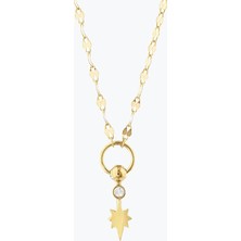 Goldium Jewellery Minimal Taşlı Kutup Yıldızı Ezme Forse Zincir Halkalı ve Toplu Kolye