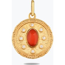 Goldium Jewellery Kırmızı Taşlı Madalyon Kolye Charm