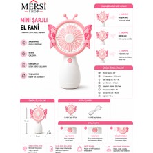 Mersi Shop Mini Şarjlı El Fanı 3 Kademeli USB Taşınabilir Sessiz Vantilatör 16 cm